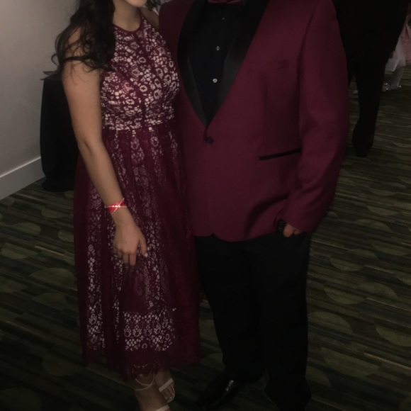 Burgundy ASOS Lace Pinny Scallop Edge Midi Dress - Picture 4 of 8